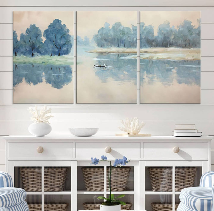 Landscape Printing Lake and Boat Scene | Serene Landscape Wall Art for Nature Lovers | Ready to Hang Triptych Canvas Print | Peaceful Blue Trees and Water Reflection Decor