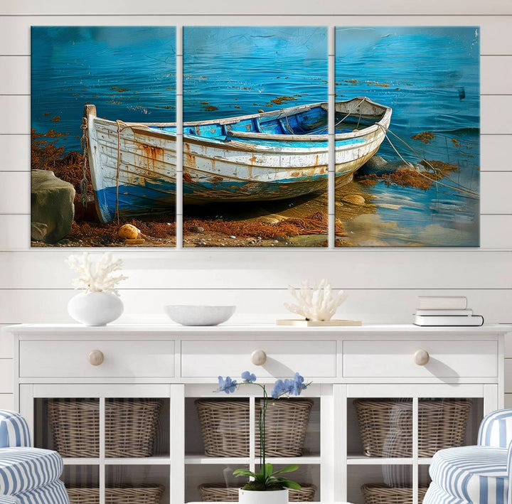 Vintage Boat on Tranquil Waters | Coastal Wall Art for Nautical Decor | Rustic Triptych Canvas Print | Beach House Art for Coastal Home Decor