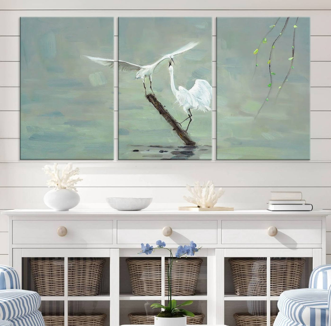 Elegant White Herons on Calm Waters | Coastal Wall Art for Nature-Inspired Decor | Serene Triptych Canvas Print | Ready to Hang Bird-Themed Art for Home Decor