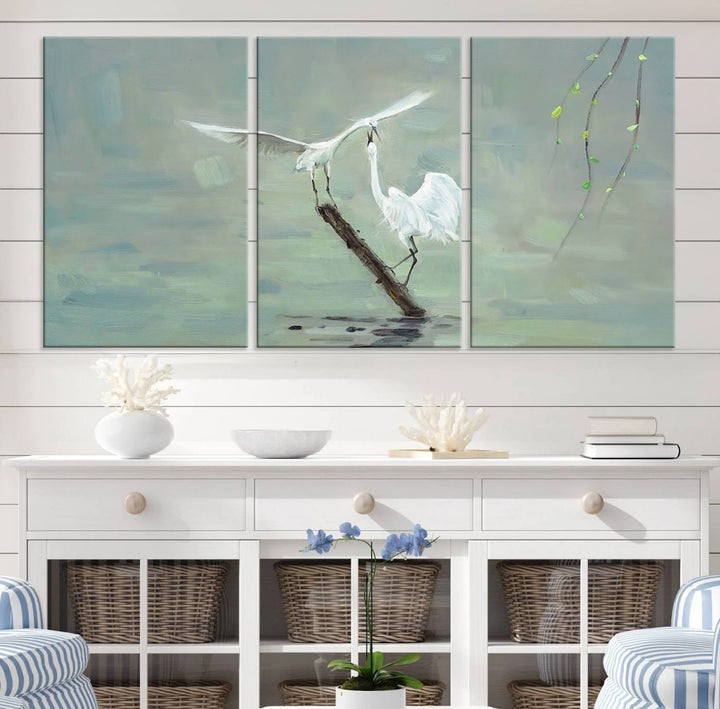 Elegant White Herons on Calm Waters | Coastal Wall Art for Nature-Inspired Decor | Serene Triptych Canvas Print | Ready to Hang Bird-Themed Art for Home Decor