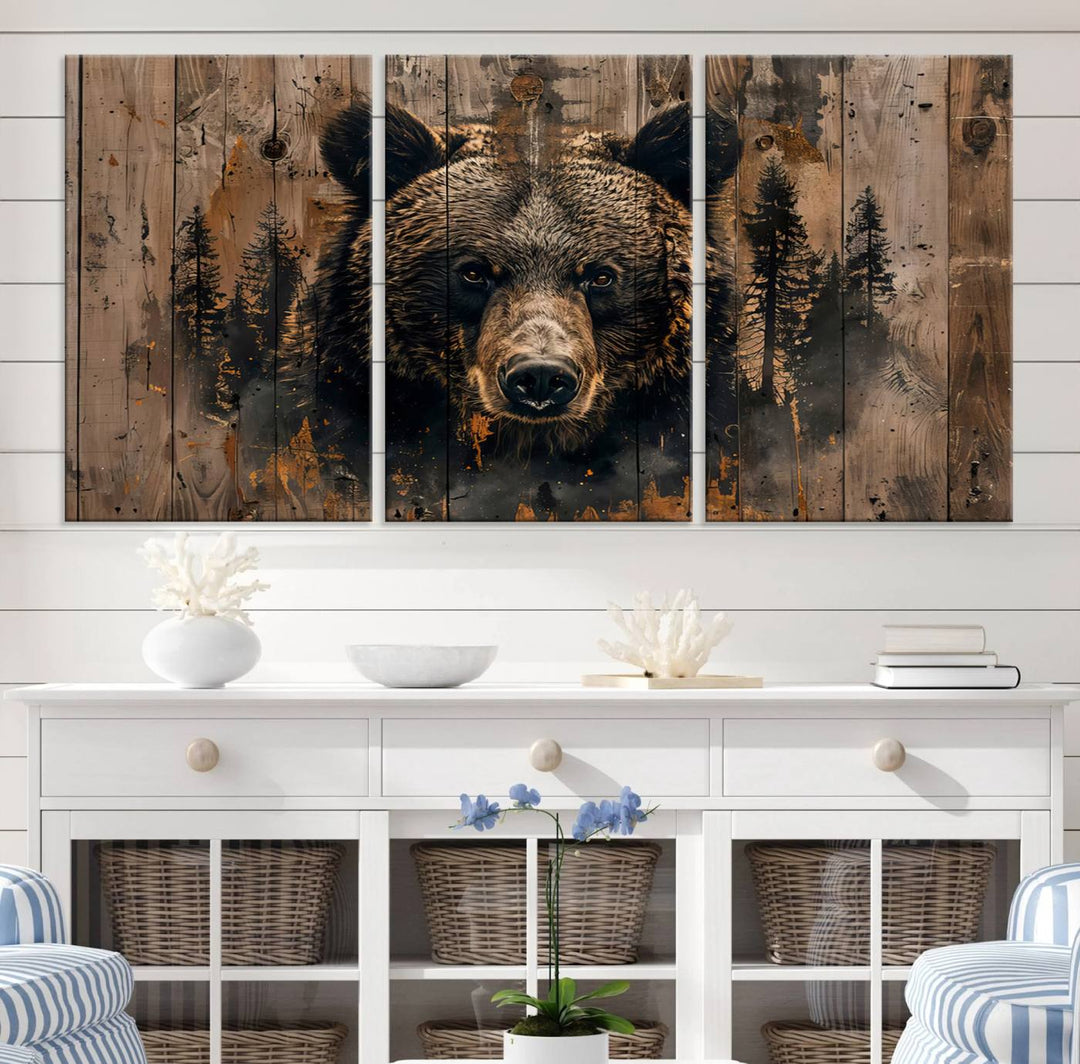 Rustic Bear Wall Art | Triptych Canvas Print | Rustic Cabin Wall Decor | Forest-Inspired Animal Art | Perfect for Farmhouse or Woodland Print