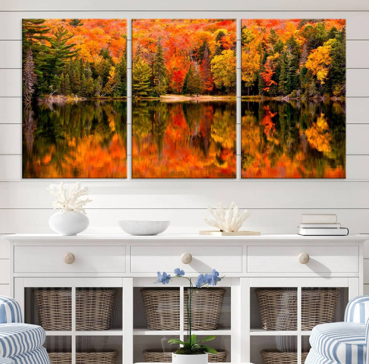 Autumn Forest Reflection Wall Art | Triptych Canvas Print | Vibrant Fall Foliage Wall Decor | Nature-Inspired Cabin Wall Art for Living Room