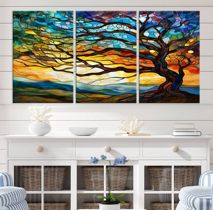 Vibrant Mosaic Tree of Life Wall Art | Stained Glass Style Canvas Print | Ready to Hang Artistic Decor