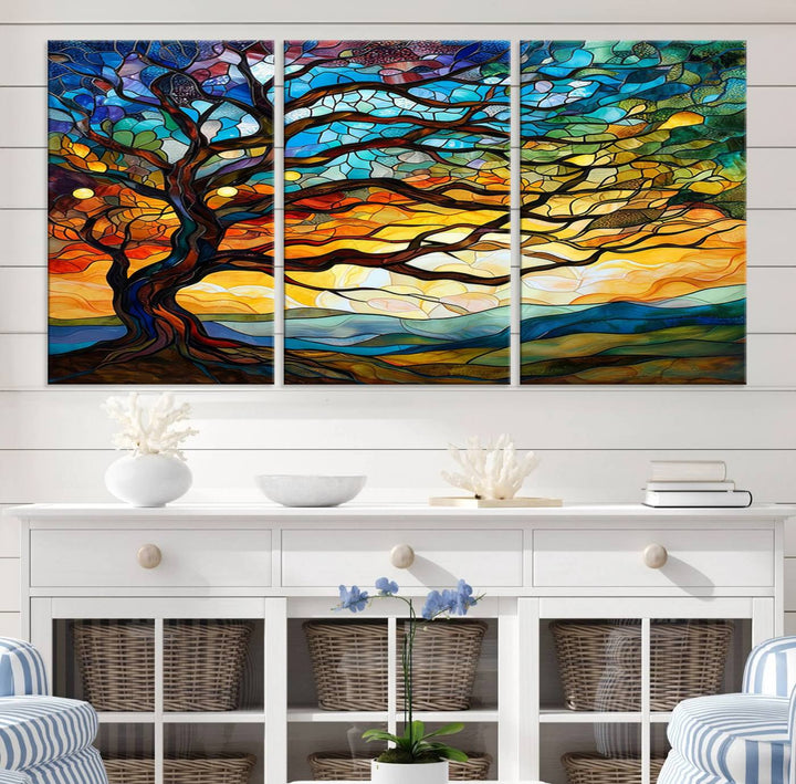 Mosaic Tree Wall Art | Ready to Hang Stained Glass Style Canvas Print | Farmhouse Wall Decor, Cabin Wall Art, and Unique Nature Home Decor