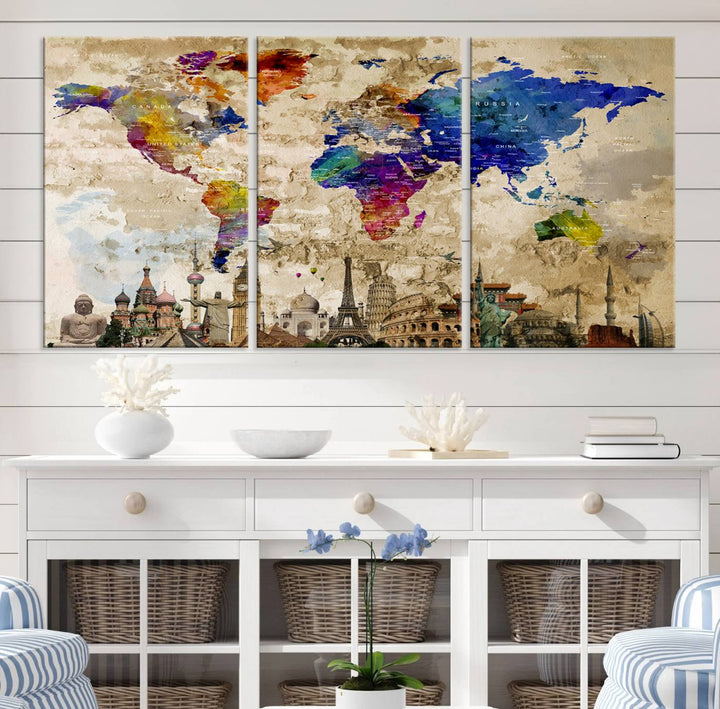 Artistic world map featuring landmarks like the Eiffel Tower, printed on premium wall art for office or living space.