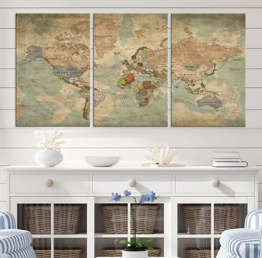 Vintage World Map Canvas Wall Art – Antique Triptych Map Print – Rustic Global Decor for Living Room or Office – Ready to Hang