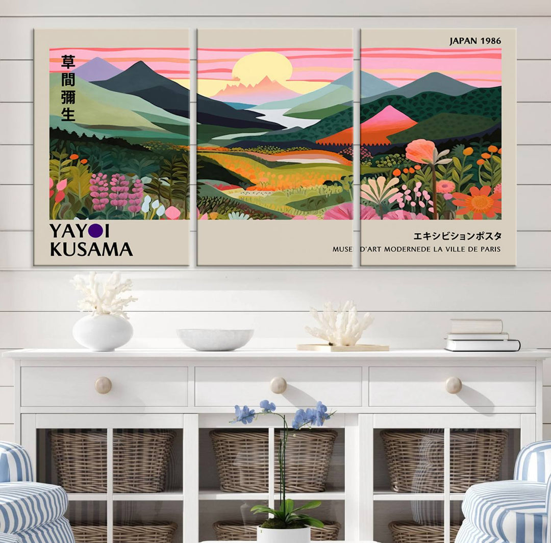 Vibrant abstract landscape canvas with mountains and fields, titled Yayoi Kusama 1986 Wall Art Print.