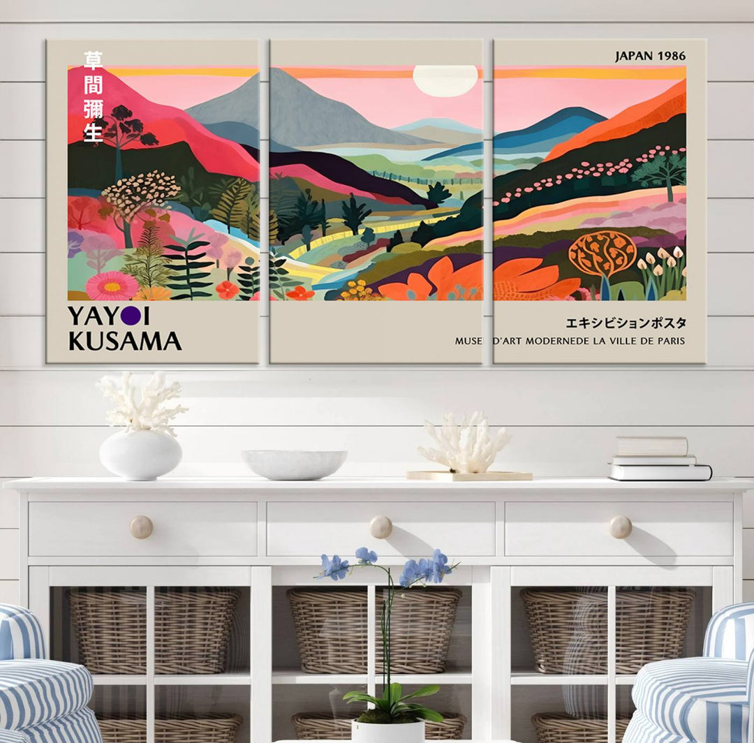 Vibrant abstract landscape canvas inspired by Yayoi Kusama, featuring mountains, trees, and flowers in a triptych style.