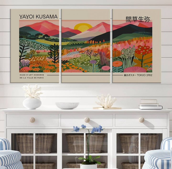 A vibrant abstract triptych features mountains, a sun, and plants in Yayoi Kusamas style with Japanese and French text included.