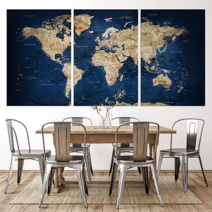 Classic Vintage Blue World Map Canvas Print featuring beige continents against a deep blue background.