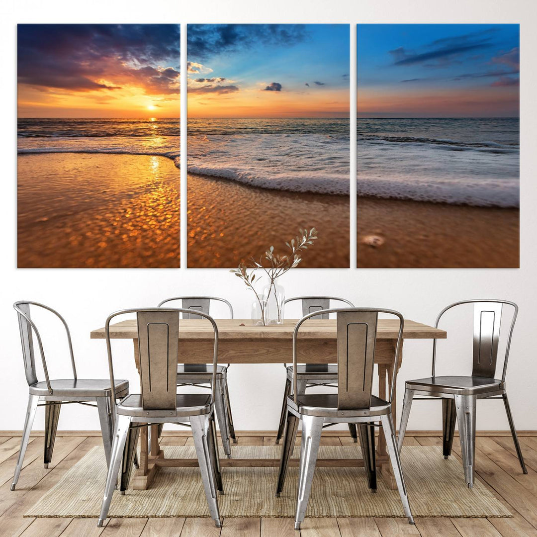 The Golden Sunset Beach Waves Triptych adds a modern coastal touch with its stunning seascape.