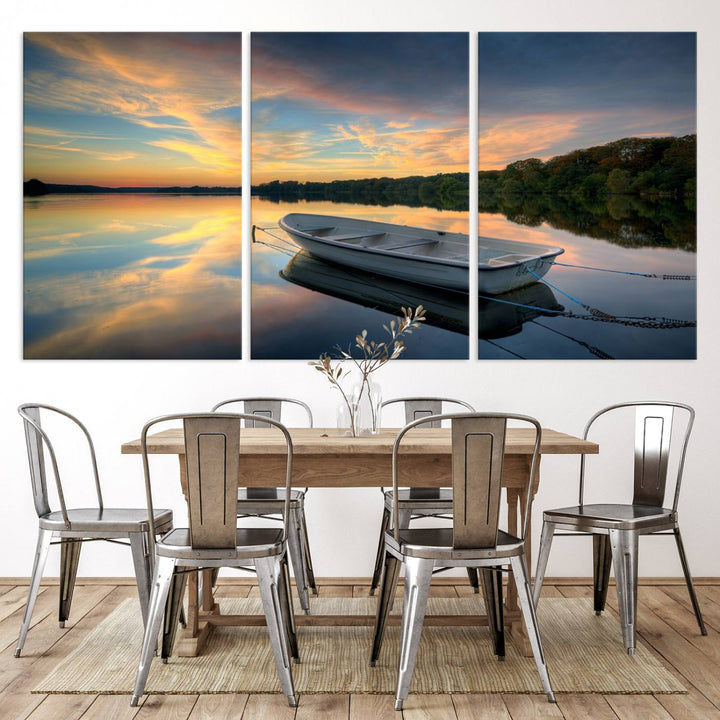 Serene Rowboat on Calm Lake Triptych Canvas Art, Giclee Wall Art of Peaceful Sunset Reflections, Tranquil Landscape Wall Art for Home or Office