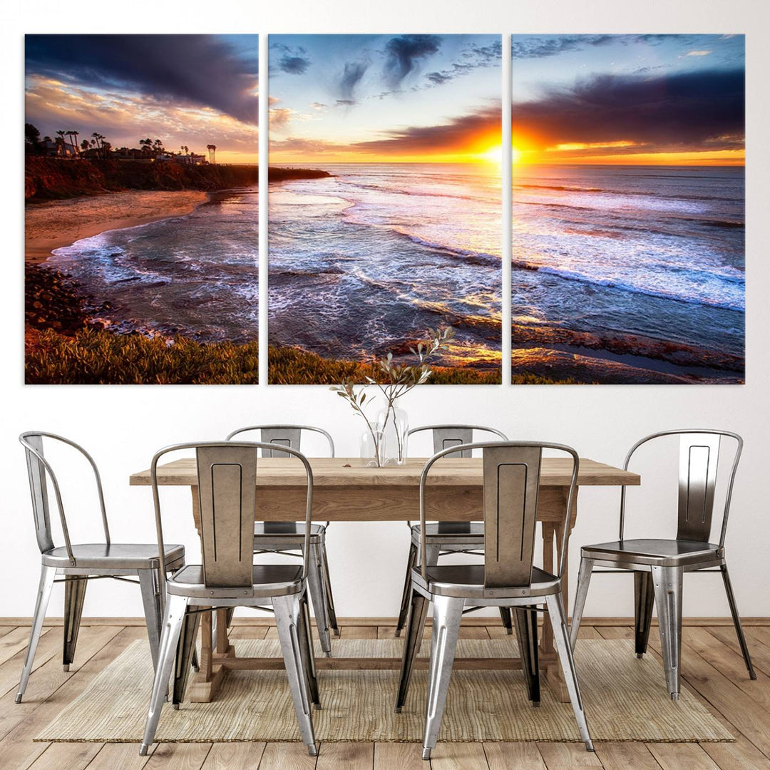 California Coastline Sunset Canvas Art, Ocean Waves Crashing on Cliffs, Giclee Canvas Print for Beach House Decor