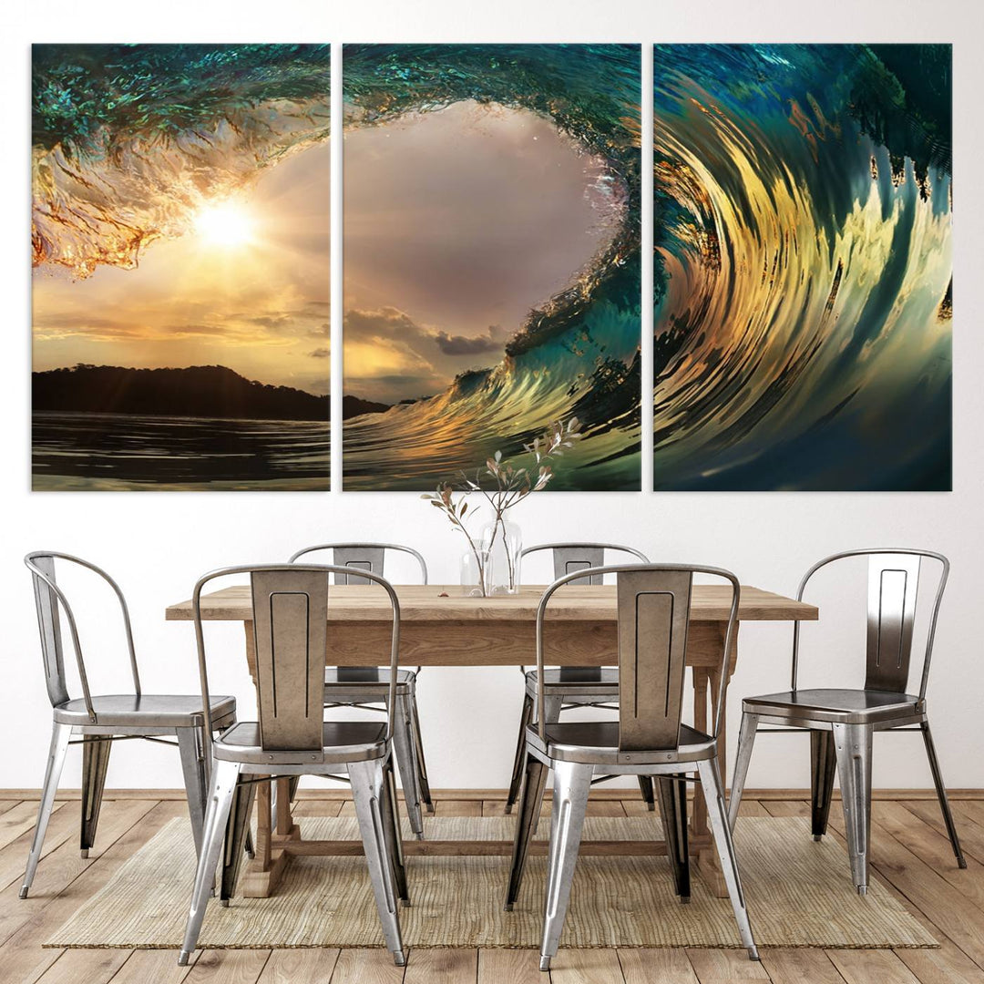 Golden Wave Sunset Giclee Canvas Print – Large Coastal Wall Art for Nature Lovers, Captivating Ocean Wave Decor