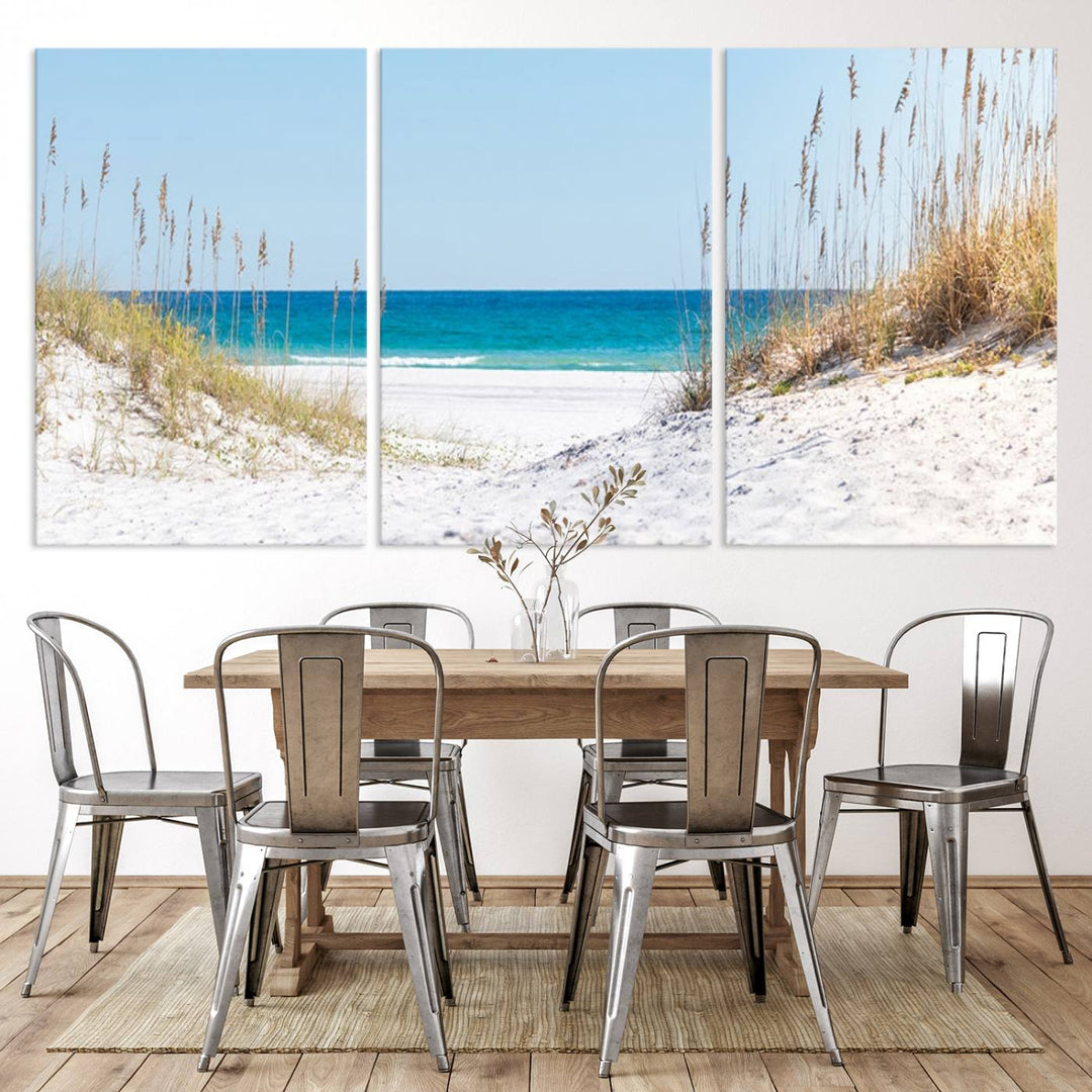 Serene Coastal Dune Path with Ocean View, 3-Panel Beach Canvas Art; tranquil seascape for coastal decor.