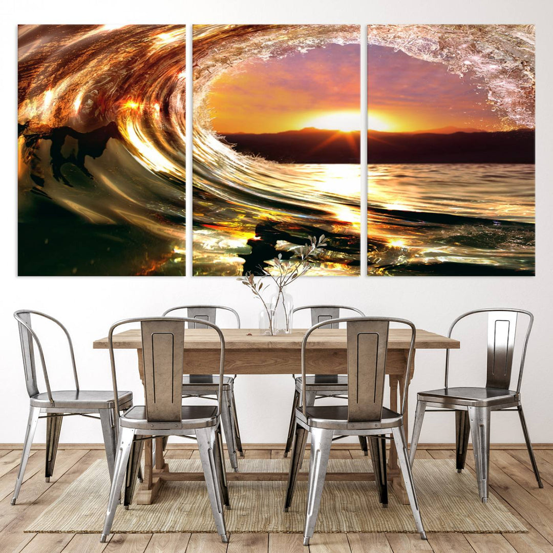 The Golden Wave Sunset Triptych Canvas Art showcases an ocean wave at sunset, casting warm light.