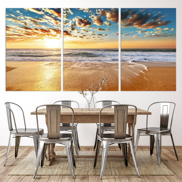 A Golden Sunset Beach giclee triptych canvas hangs prominently.