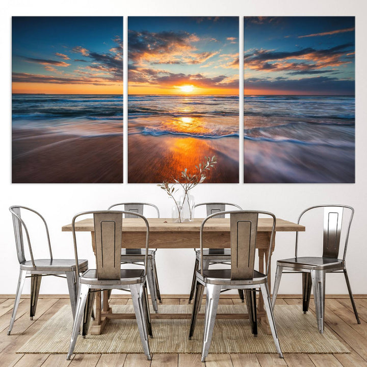 The Sunset on the Ocean canvas adds coastal ambiance to the wooden wall.