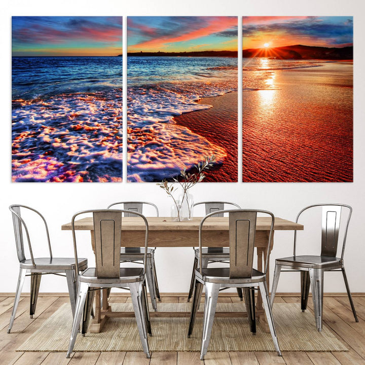 The Colorful Coastal Sunset on the Beach canvas print portrays ocean waves at dusk.