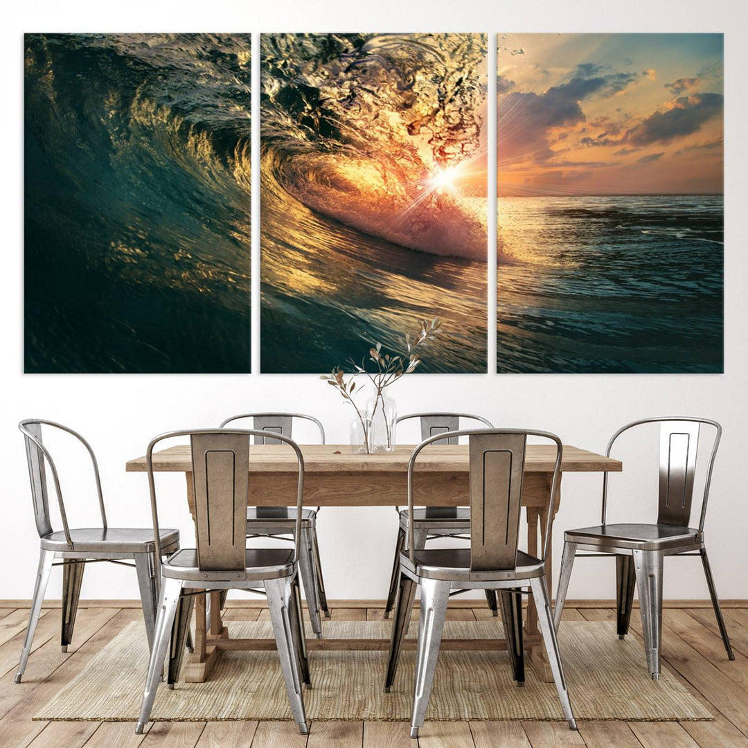 A triptych seascape titled Ocean Wave Sunset Canvas, featuring a stunning ocean view at sunset, is beautifully framed and ready to hang.