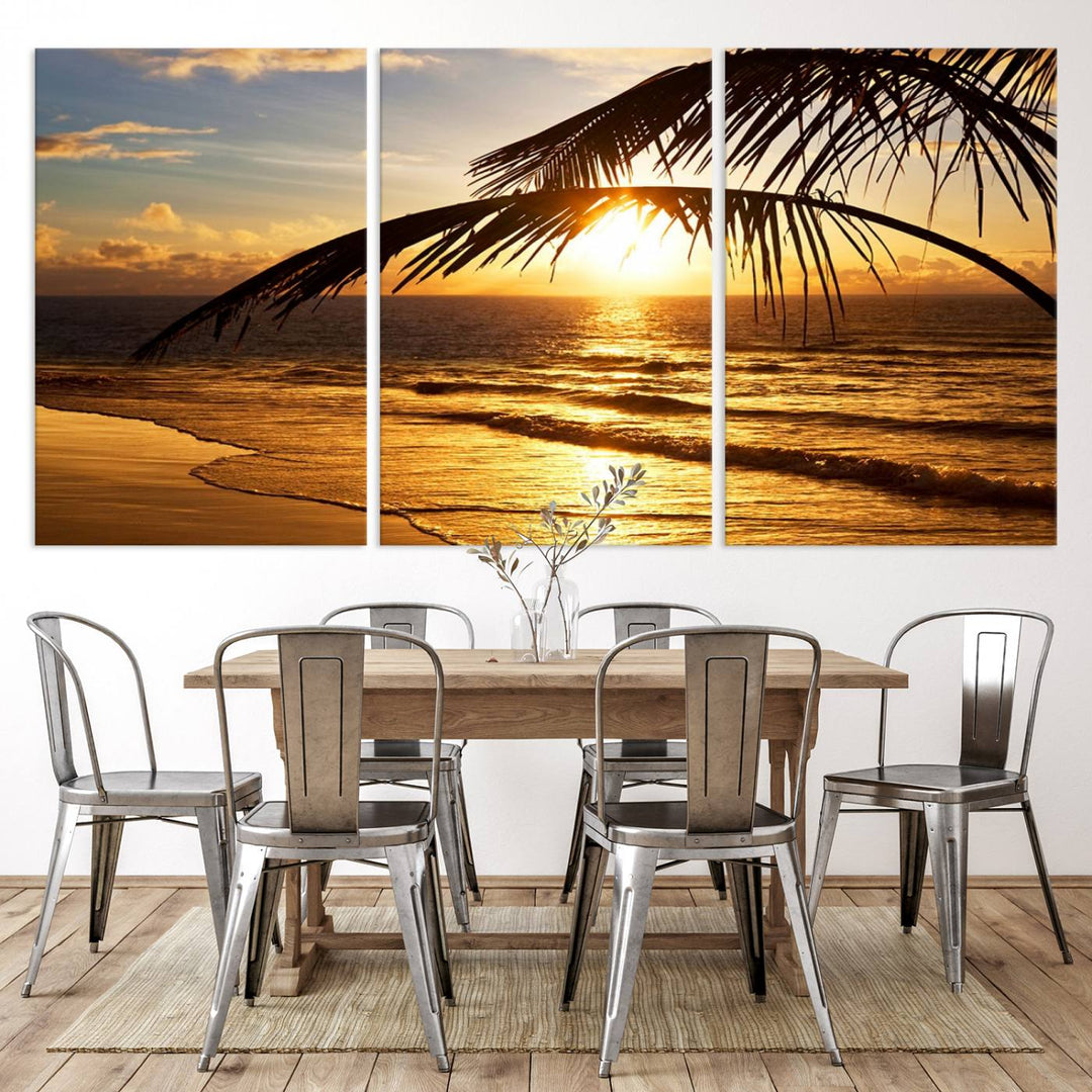 Golden Tropical Beach Sunset Canvas Triptych: Coastal Palm Art & Giclee Print with Gallery Wrap, capturing golden waves.