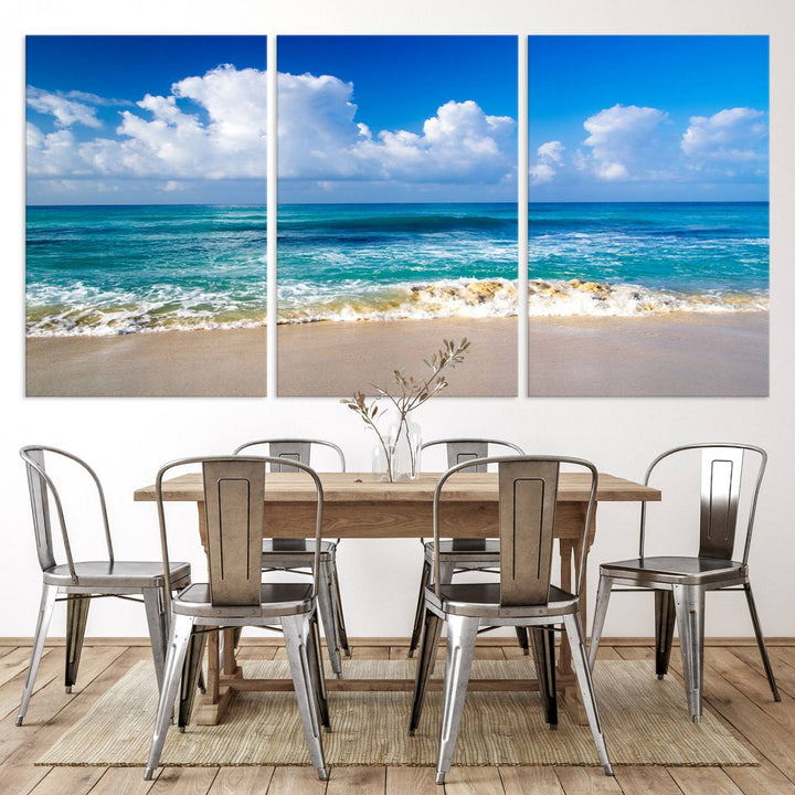 Tropical Beach 3-Panel Canvas Wall Art – Serene Ocean Waves and Blue Sky – Giclée Print for Living Room, Office, or Bedroom Coastal Decor