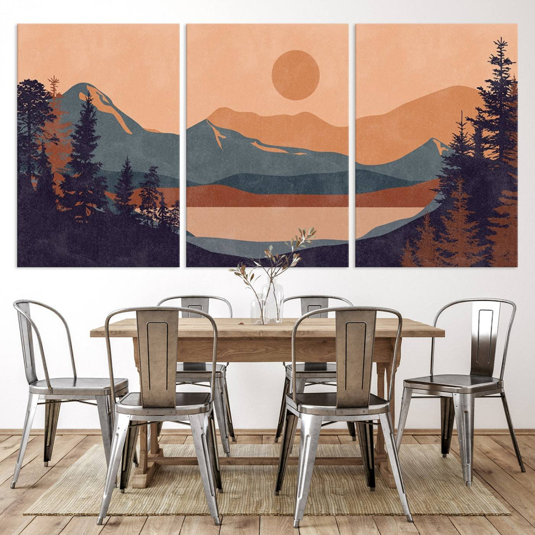 Modern Boho Sunset Mountain Landscape Triptych – Giclée Canvas Art Print for Living Room, Bohemian Decor, Ready to Hang