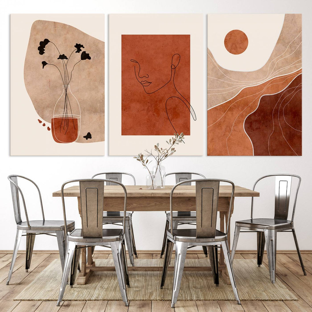 Conjunto de impresión de lienzo enmarcado de arte de pared boho - Impresiones modernas de mediados de siglo - Impresiones de obras de arte de pared de decoración boho - Decoración del hogar neutral boho