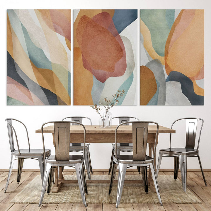 Boho Wall Art Canvas Print Set with warm earthy tones hangs prominently, showcasing its vibrant design.