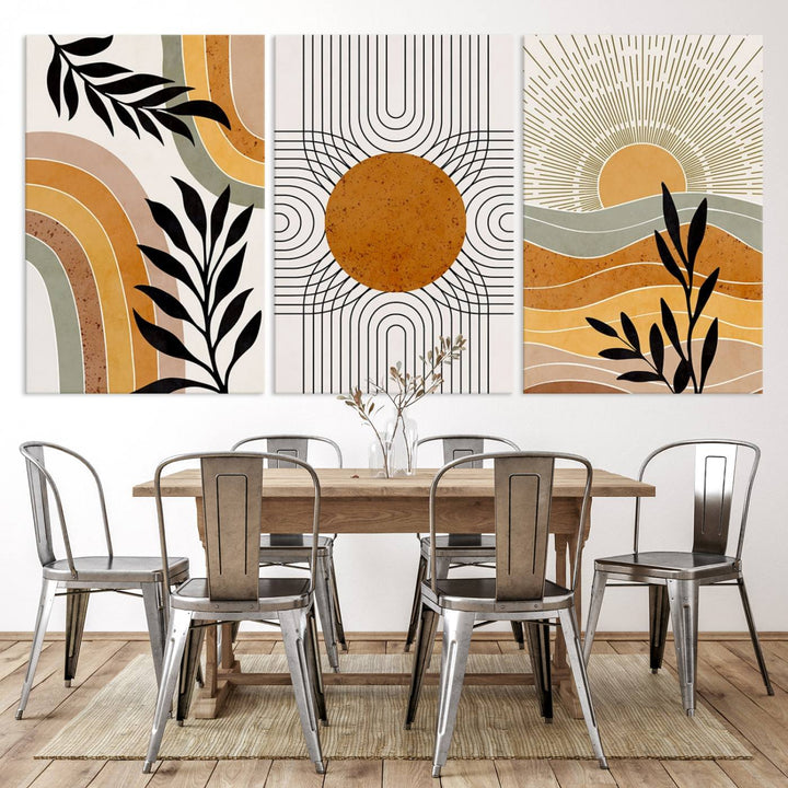 Modern Boho Sun and Leaf Abstract Art – 3-Panel Giclée Canvas for Mid-Century Modern or Bohemian Wall Decor