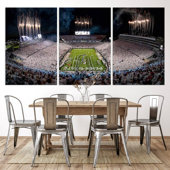 The perfect Penn State Football canvas wall art features a depiction of Beaver Stadium filled with fans in white, with fireworks exploding above.