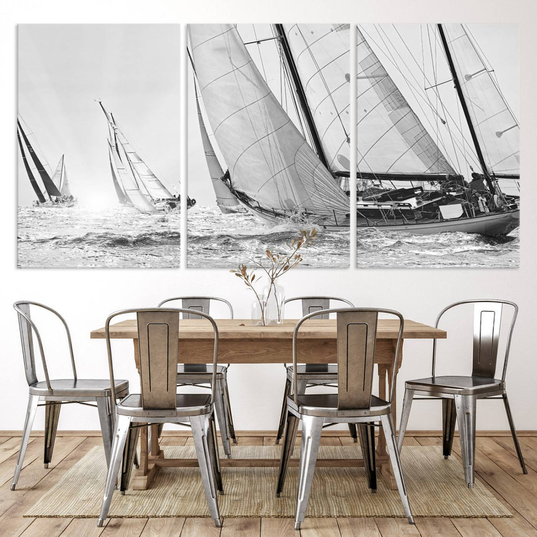 Yacht Sailboat Regatta canvas print on a textured wooden wall.