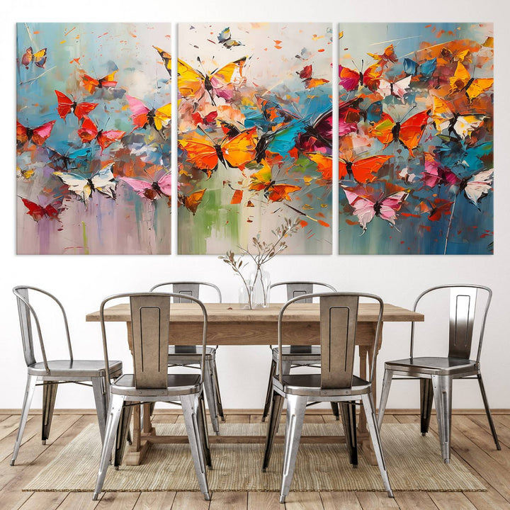 The Abstract Butterfly Wall Art Canvas Print hangs prominently, adding a touch of elegance and creativity to the room.