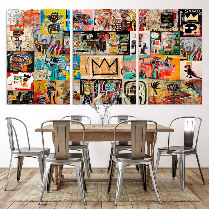 A Basquiat graffiti-style collage adorns the wall.