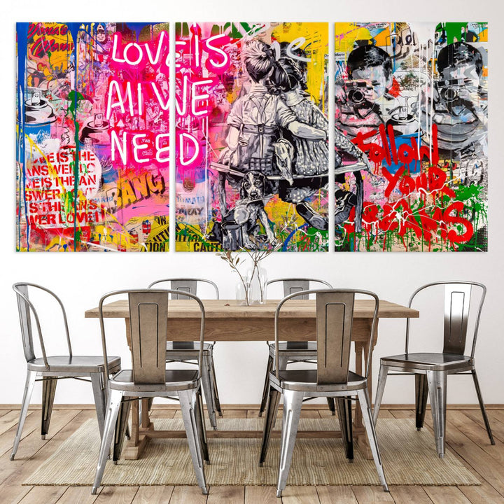 A vibrant and dynamic triptych features distorted horizontal lines, resembling graffiti street art. This artwork conveys the themes of "Follow Your Dreams" and "Love is All We Need" across three colorful panels.