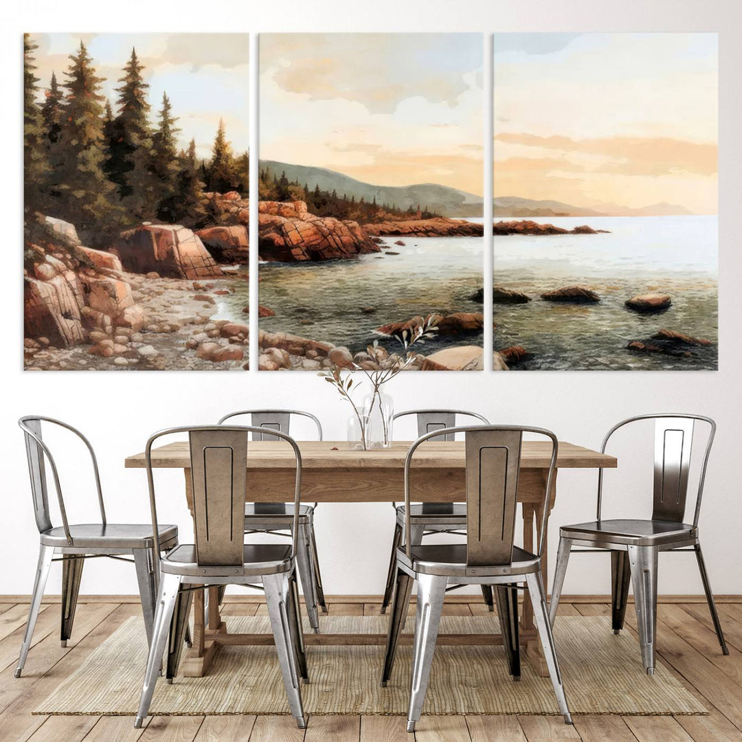 The Serene Coastal View of Acadia National Park 3-panel canvas, framed and ready to hang, adorns the wall.