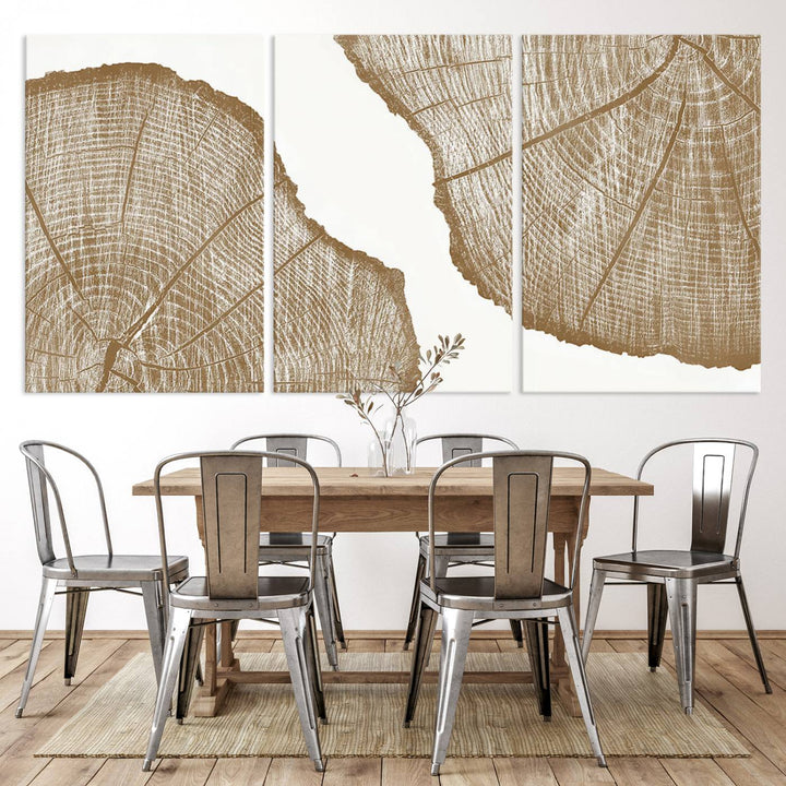 The rustic wall art features two large tree rings, beautifully framed and displayed to create a nature-inspired décor.