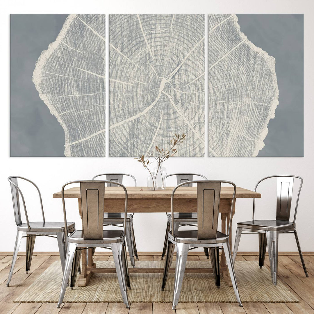 A gray wall displays the Abstract Tree Ring Wall Art print.