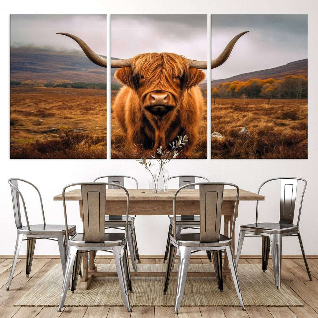 Highland Cow Longhorn Canvas Print, framed, on a wooden wall.