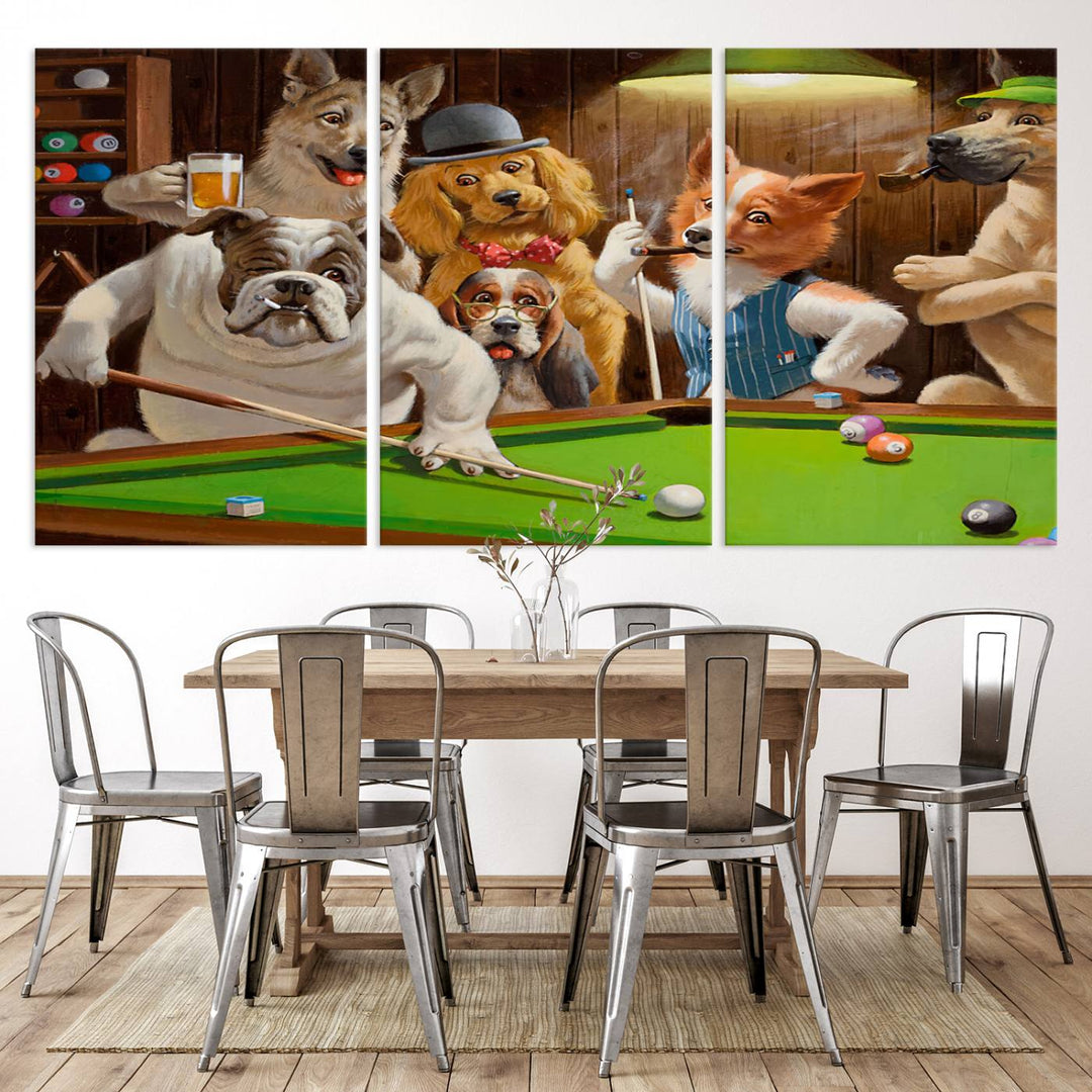 Dogs Playing Pool Canvas Wall Art: This artwork depicts a room where dogs are engaged in a game of pool. One dog is poised to cue while others observe the scene.