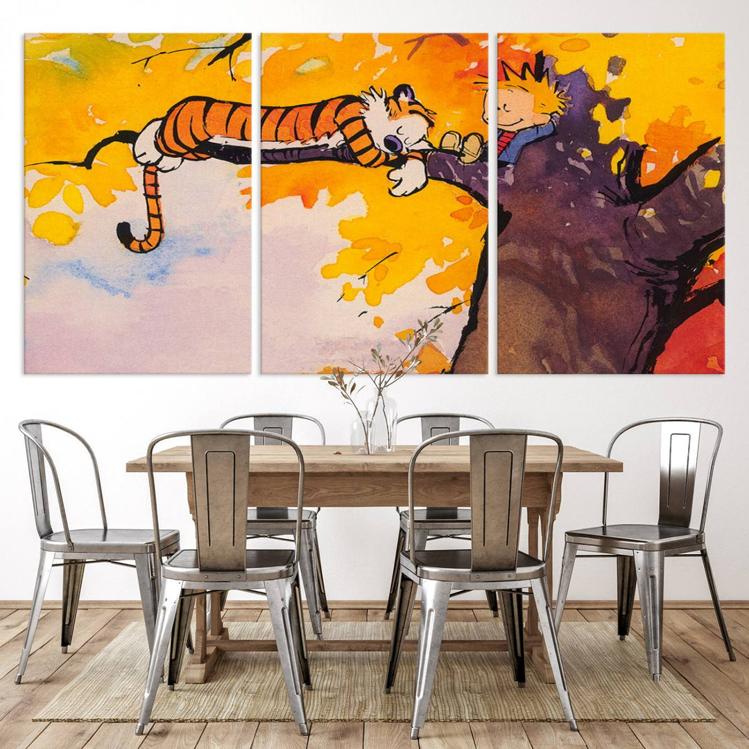 Premium canvas Calvin Wall Arts featuring a boy and tiger relaxing on a branch.