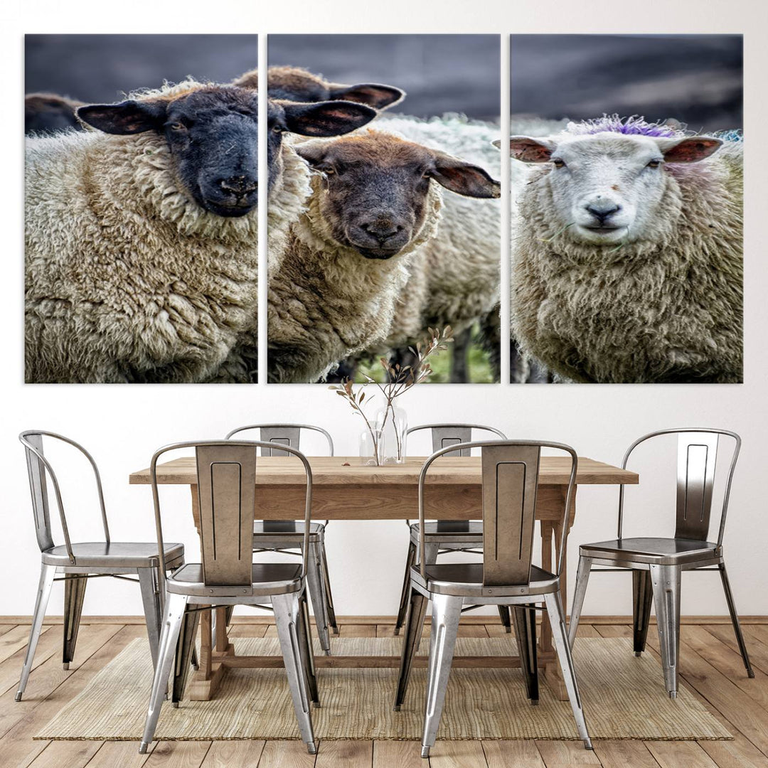 The Charming Sheep Portrait Wall Art hangs on a wooden wall.