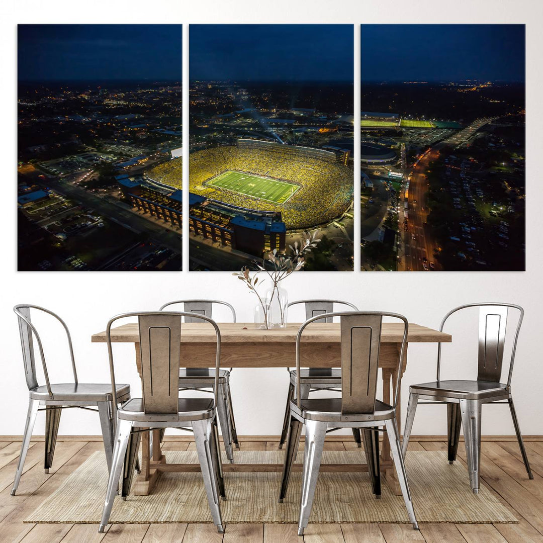 Aerial view of Michigan Stadium nightlife on canvas – Framed, ready-to-hang sports arena wall art.