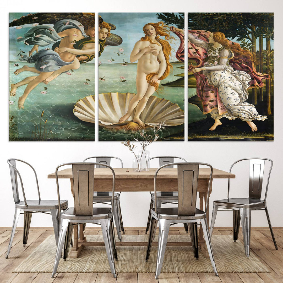 A canvas print of Botticellis The Birth of Venus is displayed on the wall.