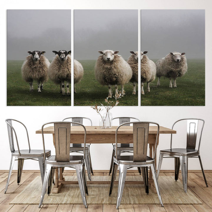 The Flock of Sheep in a Mystical Fog canvas print is framed and ready to hang.