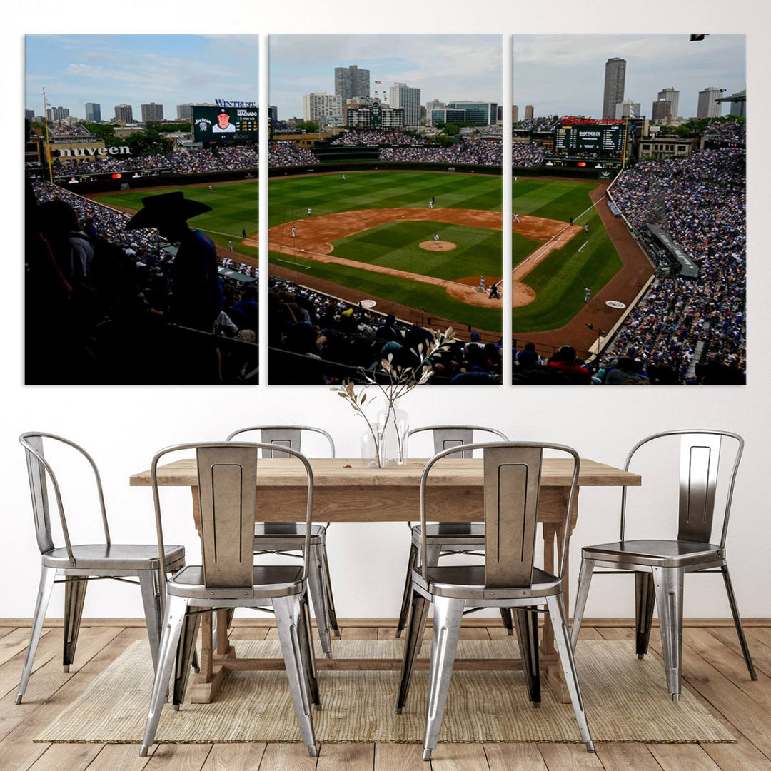 Admire this museum-quality canvas print of a Chicago Cubs game with a cityscape view from the stands at Wrigley Field.