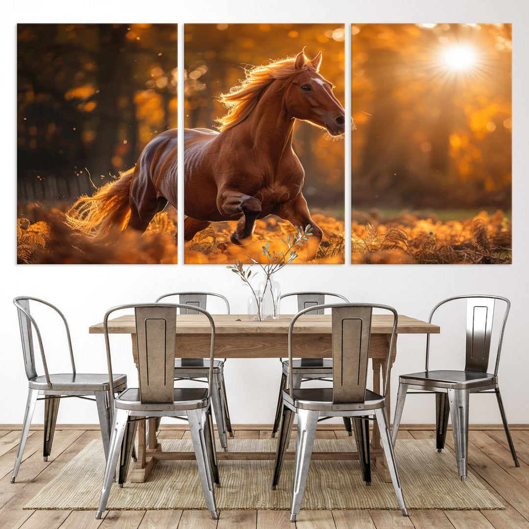 The Running Horse Sunset Forest Wall Art Canvas Print showcases a gallop in an autumn forest with sunlight streaming through the trees.