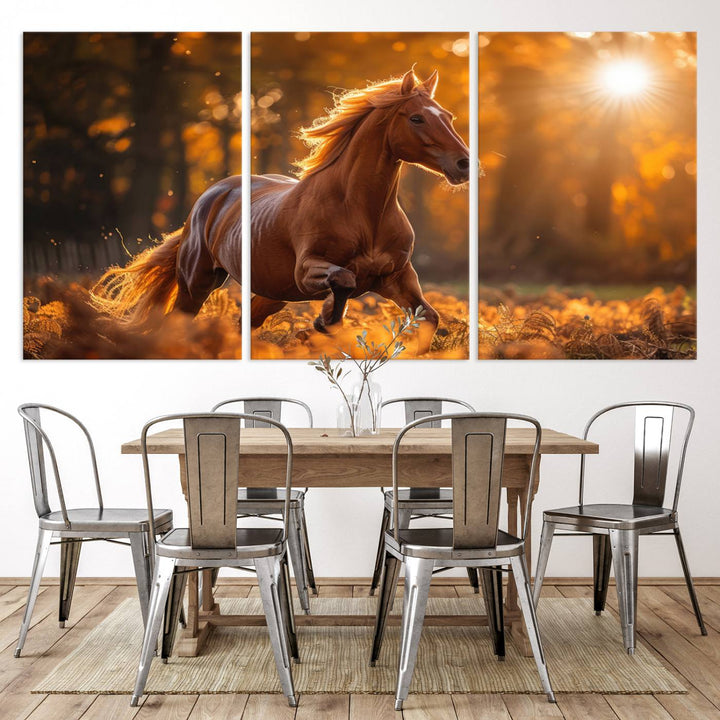 The Running Horse Sunset Forest Wall Art Canvas Print showcases a gallop in an autumn forest with sunlight streaming through the trees.