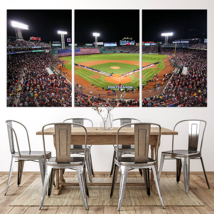 The Fenway Park Wall Art Canvas Print showcases a stunning aerial view of Bostons iconic ballpark at night, making it an ideal piece for any Red Sox enthusiast.