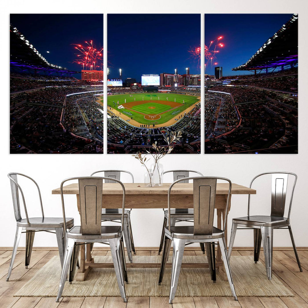 Truist Park wall art: fireworks over a Braves crowd, a large 3-panel canvas, framed and ready-to-hang.